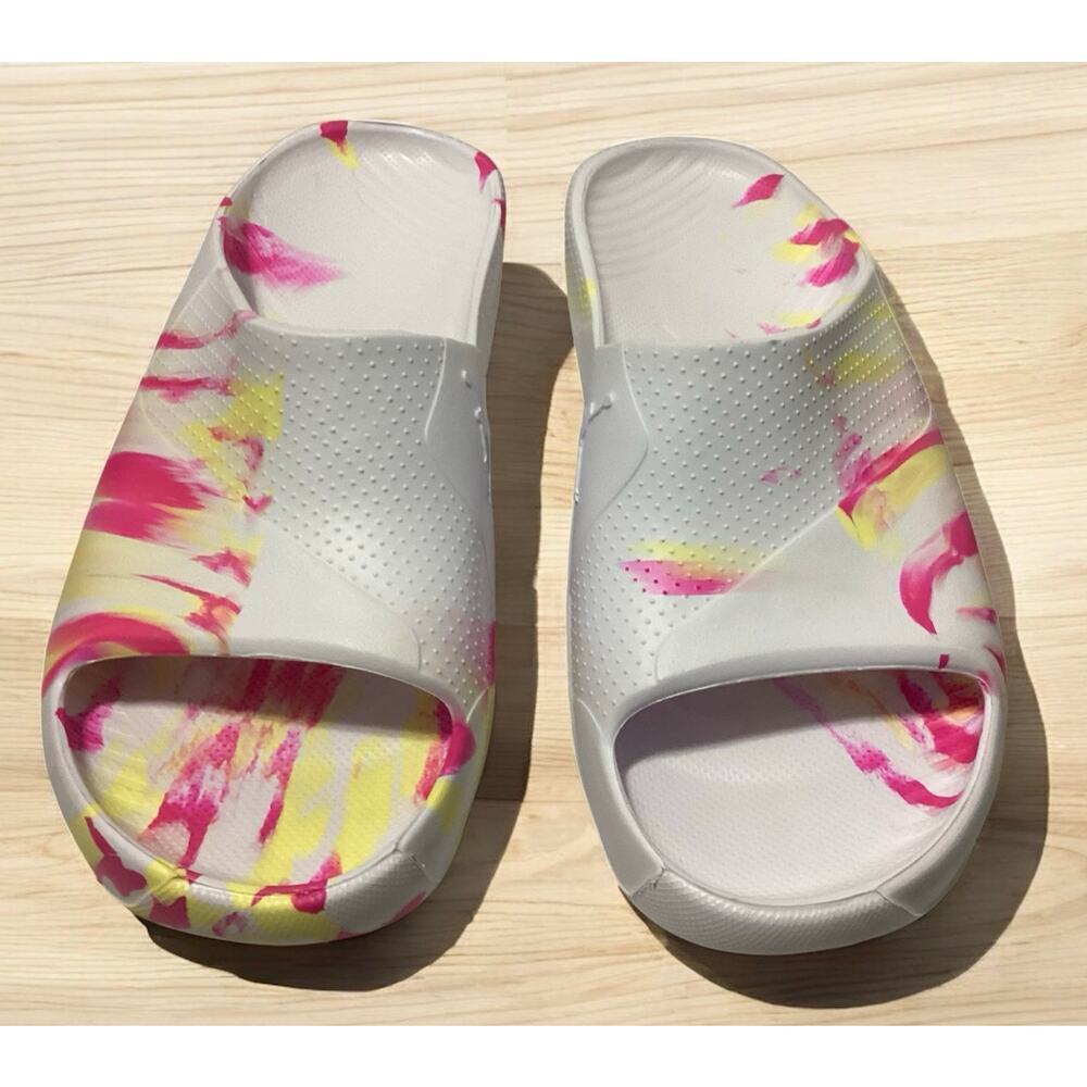 Jordan Post Slides white, fuchsia, and laser orange marbled sz W10 Men8‎